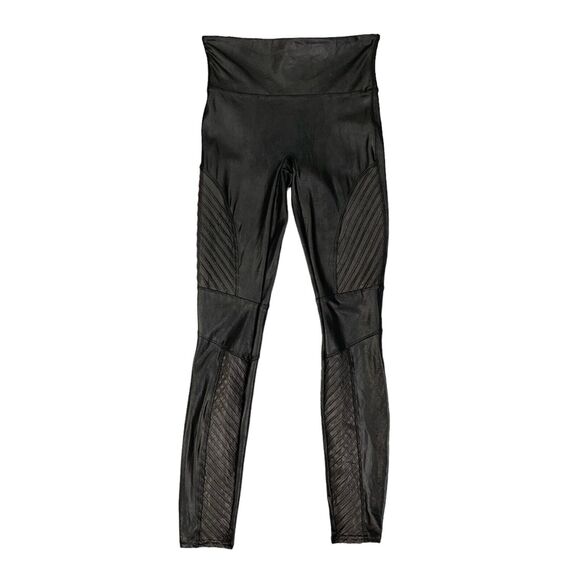 Spanx Leggings Women S Small Black Coated Faux Leather Moto Pull On Ribbed Panel - Picture 1 of 15